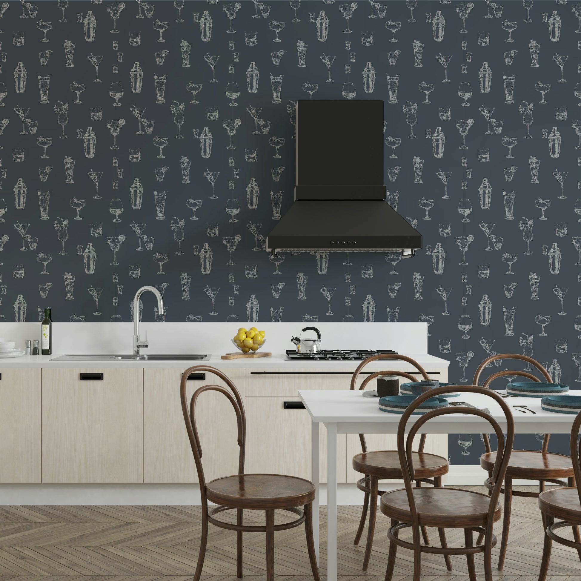 Artistic bar wallpaper featuring cocktail sketches

