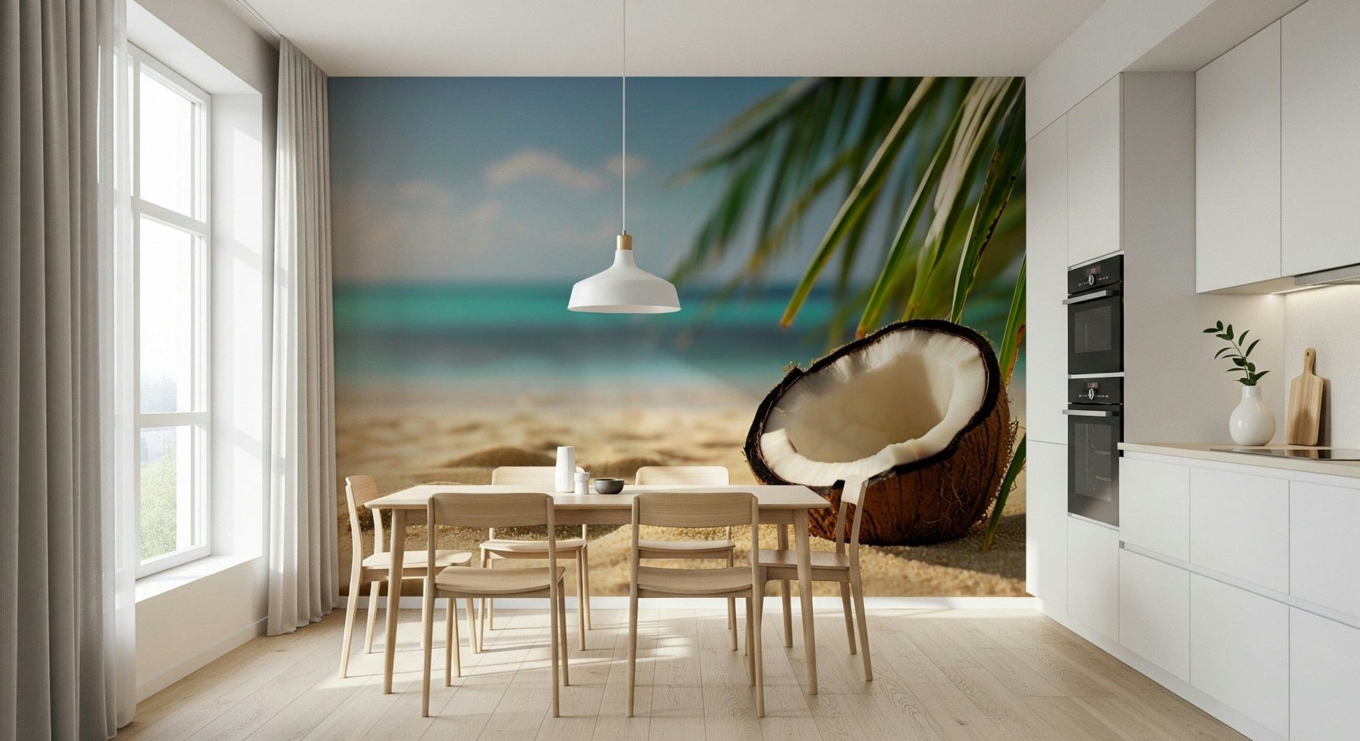 Tropical leaf wallpaper with soft green tones in a minimalist apartment bedroom.