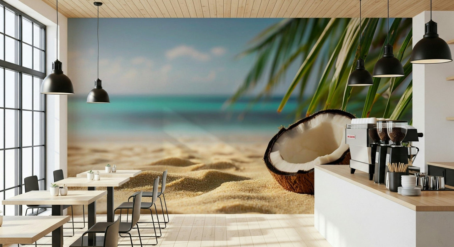 Coconut Dreams Wall Mural featuring tall palm trees in a bright, modern living room.
