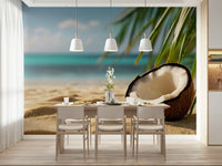 Tropical wall decor in a bathroom with brass fixtures and white marble tile.
