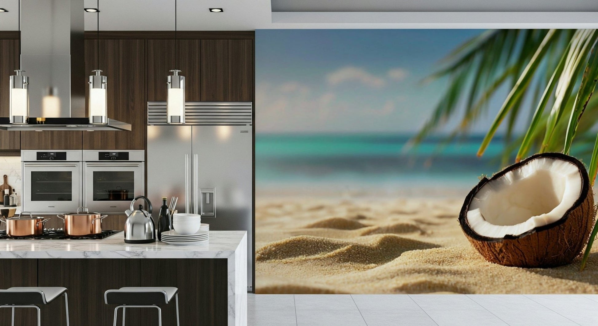 Sophisticated botanical mural showing coconut palms in a light-filled dining area.