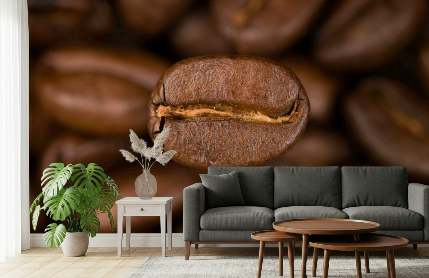 A stylish wallpaper designed with enlarged coffee bean details that enhance café-inspired décor.