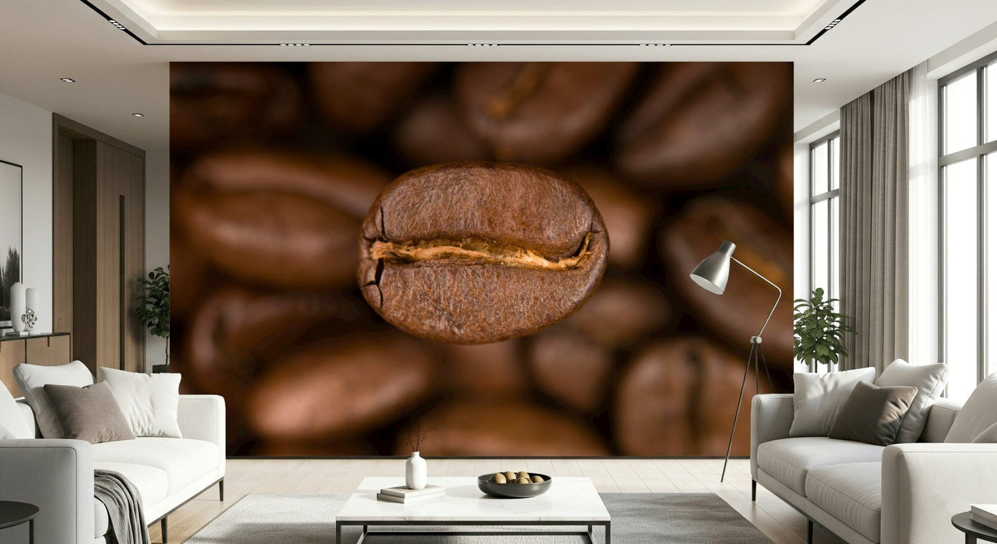 A bold wallpaper that highlights a single coffee bean in crisp focus, perfect for adding a café-style warmth to a room.