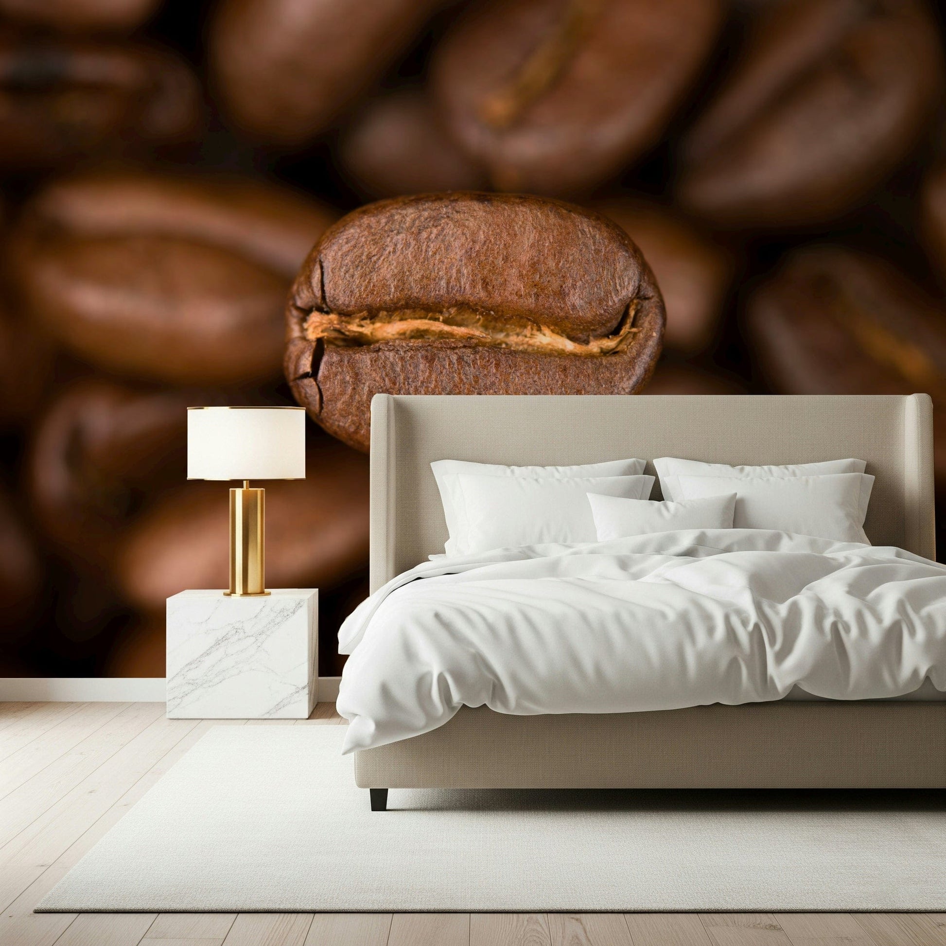 The wallpaper uses depth-of-field effects to make a single coffee bean stand out against a soft, blurred background.