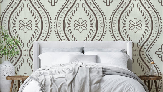 Faded Ogee Damask wallpaper in coffee quartz

