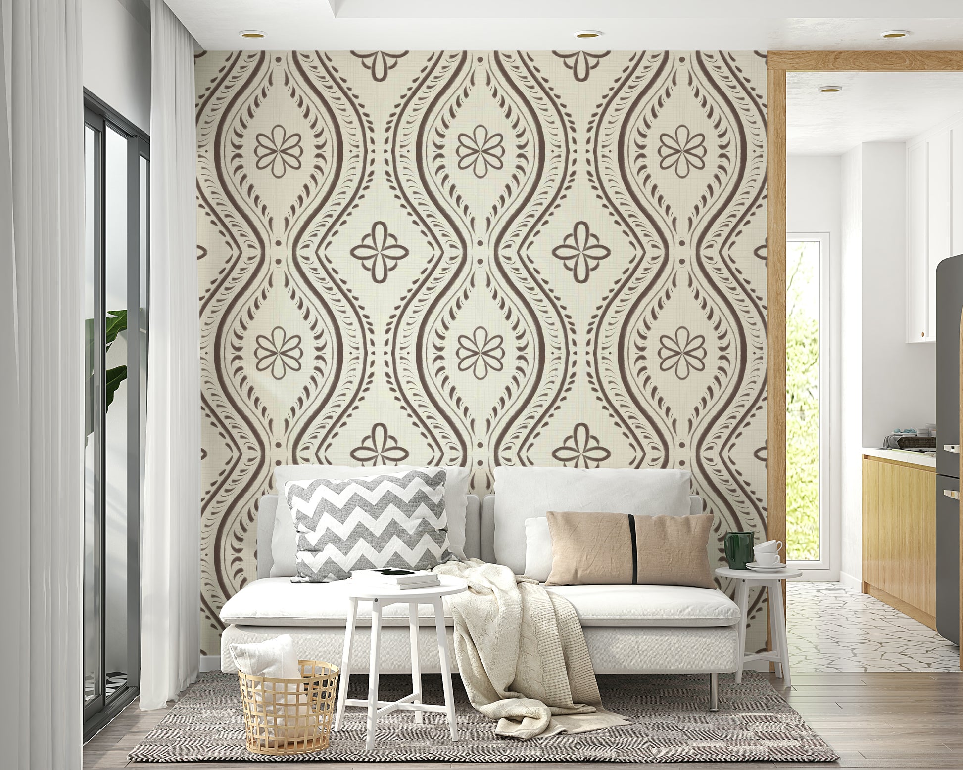 Softly faded damask mural for elegant interiors

