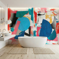 Vibrant Collage Art Wallpaper – Eye-catching wall design with dynamic overlapping forms in bright and muted hues.
