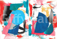 Collage Chaos wall mural shown as a full-wall design of layered blue, pink and teal shapes over painterly brushstrokes