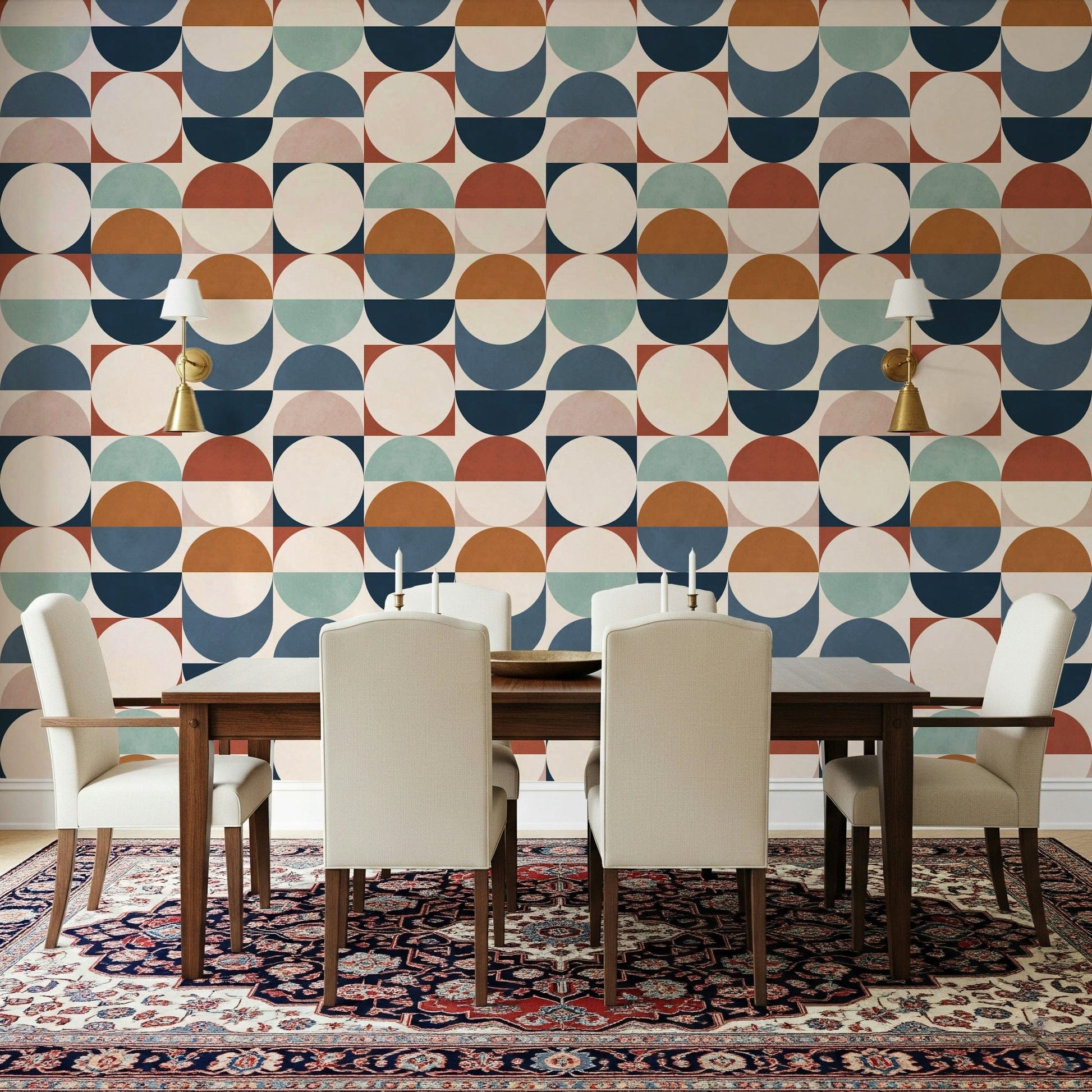 Terracotta navy Color Block Eclipse wallpaper for walls.