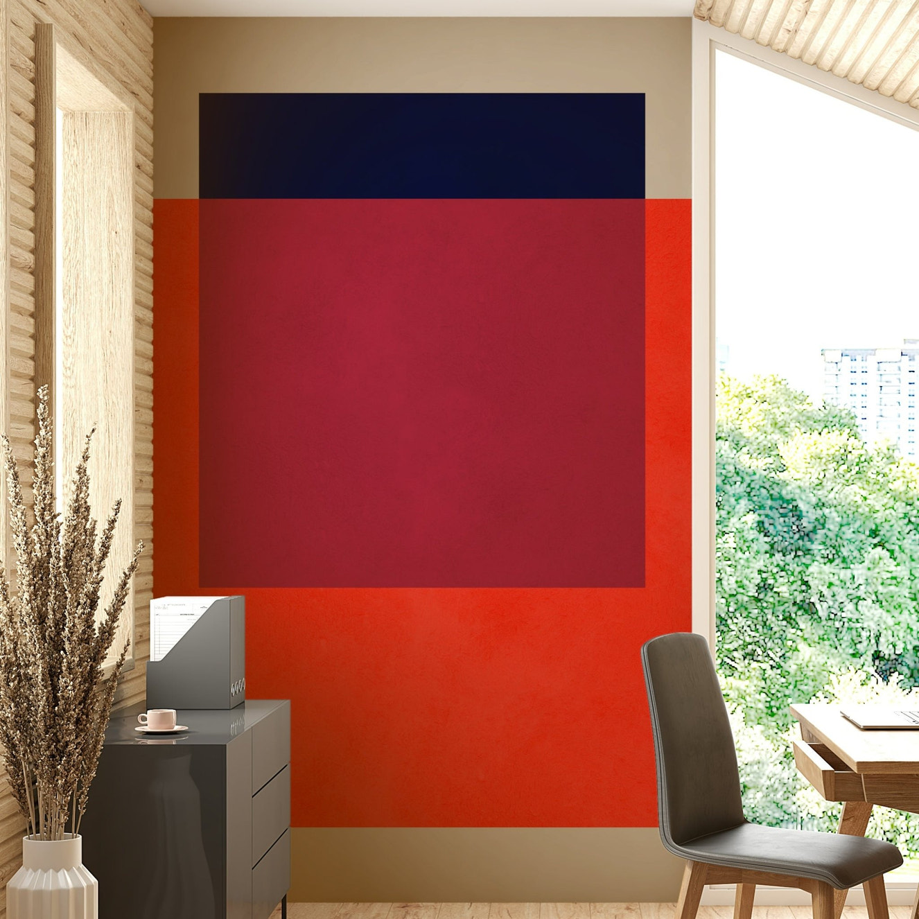 A wall mural with a design of color fields.

