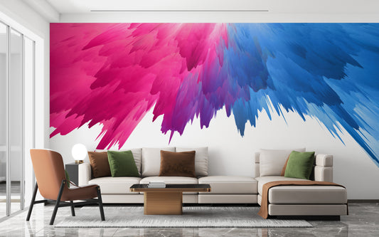 Color Rainbow Splash Wall wallpaper mural in pink and blue behind a beige sectional sofa in a living room