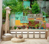 Wall mural featuring a wooden door and corrugated metal.

