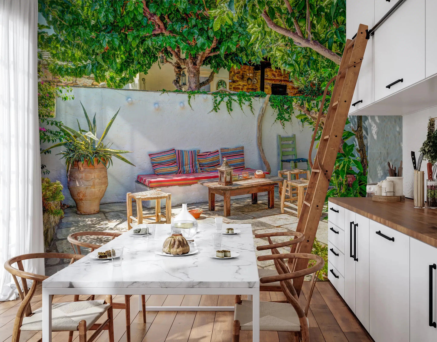 Rustic wooden table and woven stools in Colorful Backyard Patio Wall Mural.