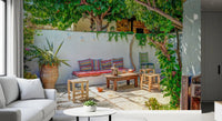 Large terracotta planter and agave plant on Colorful Backyard Patio Wall Mural.