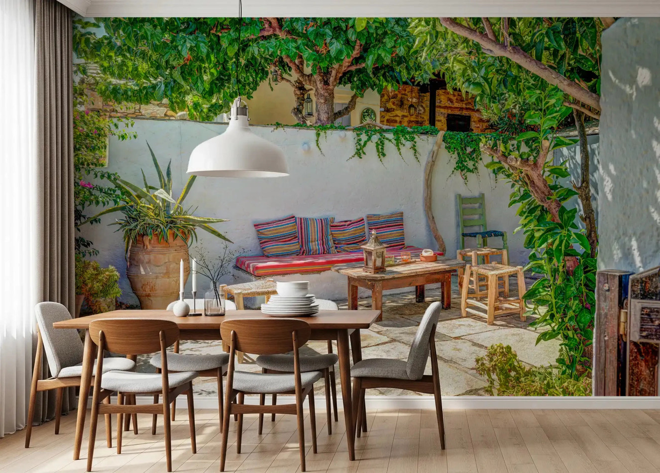 Colorful Backyard Patio Wall Mural for dining room with rustic stone pavers and sunlit trees.