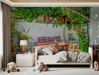 Mediterranean courtyard scene featured in this Colorful Backyard Patio Wall Mural.