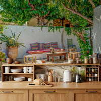 Striped pillows and wooden stools on a Colorful Backyard Patio Wall Mural.