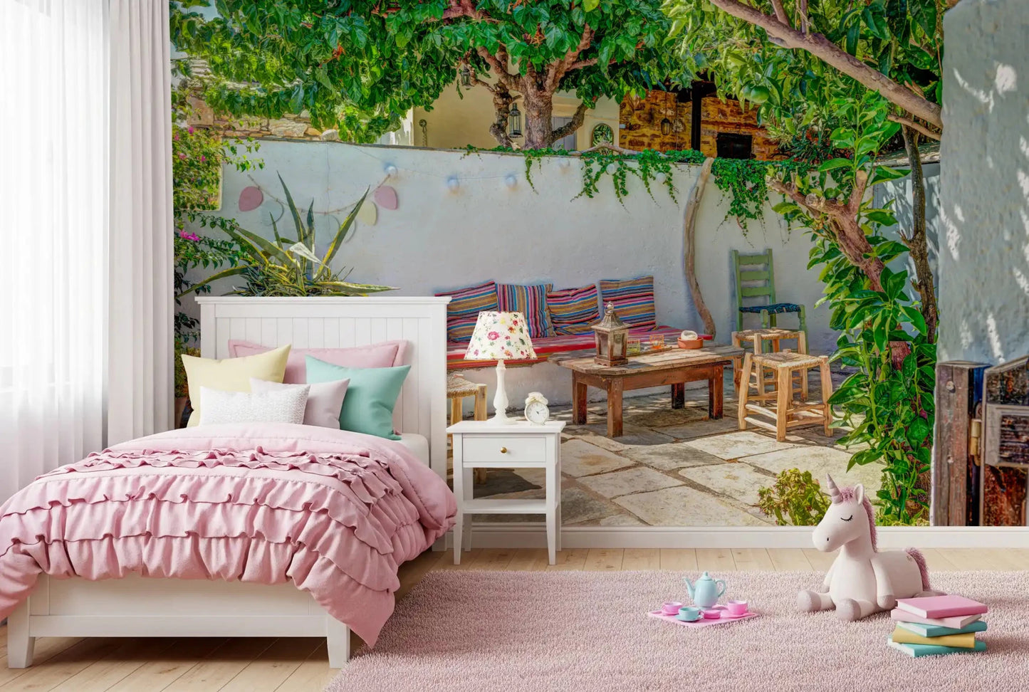 Colorful Backyard Patio Wall Mural with white stone walls and climbing ivy.