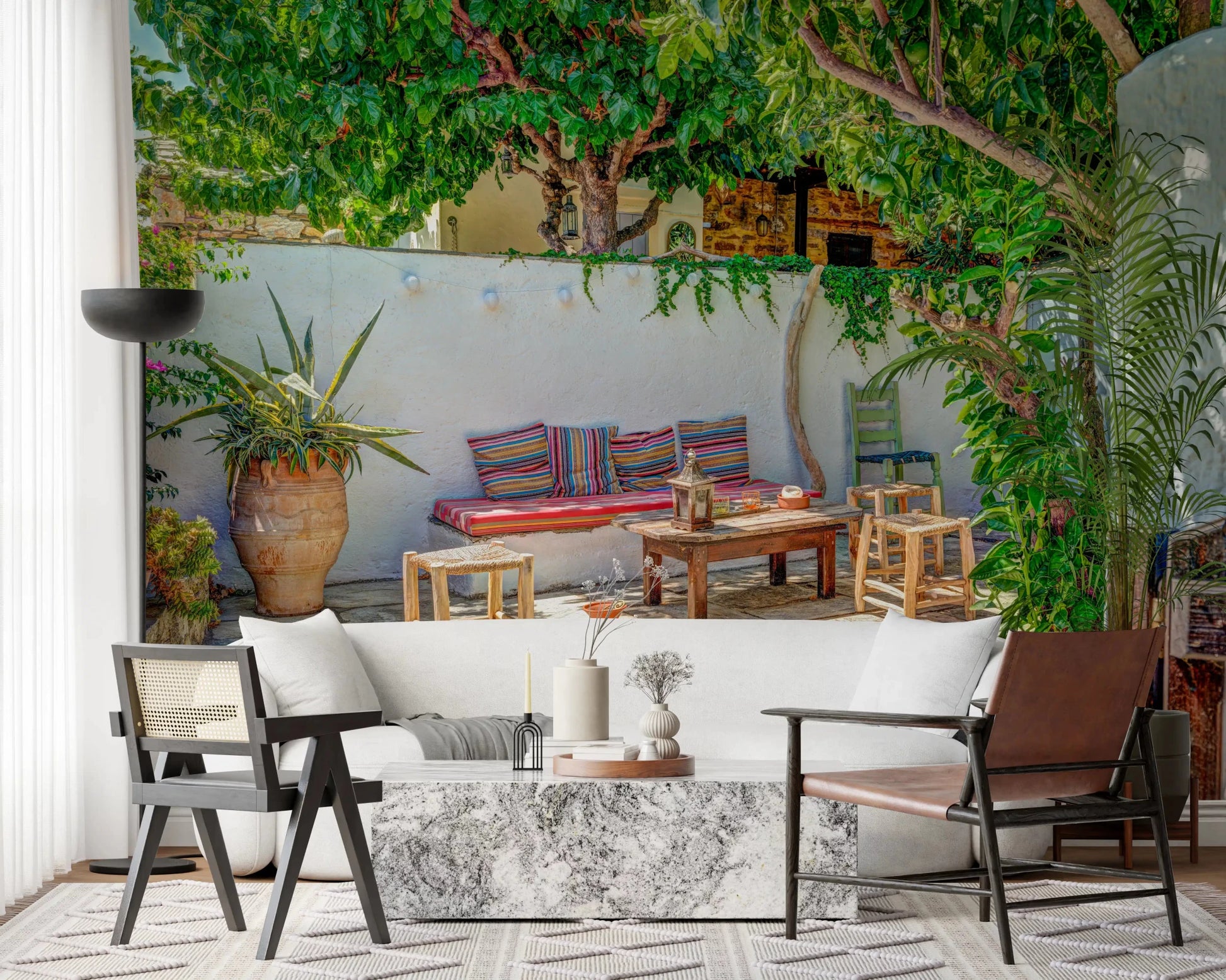 Colorful Backyard Patio Wall Mural capturing a quiet Greek inspired terrace.