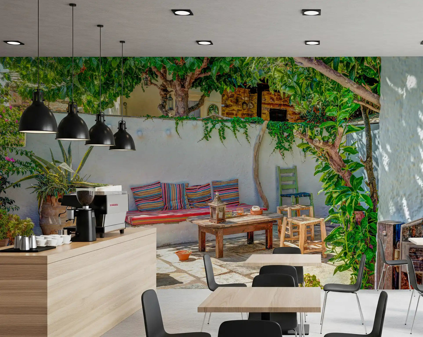 Vibrant outdoor seating area depicted in a Colorful Backyard Patio Wall Mural.