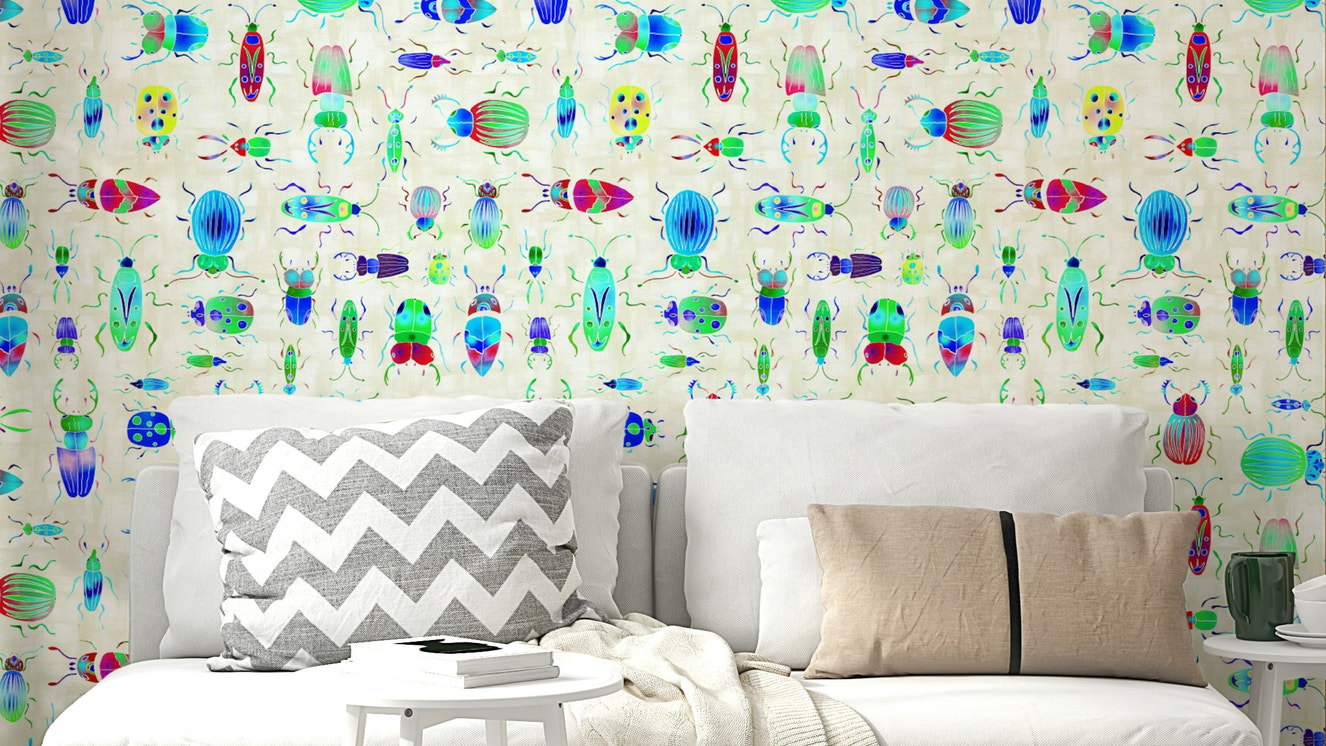 Colorful Bugs wallpaper on blue pearl background

