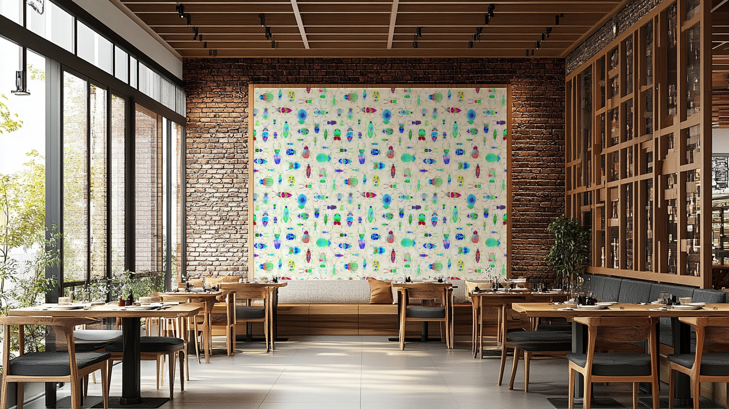 Bold insect wallpaper in a modern room


