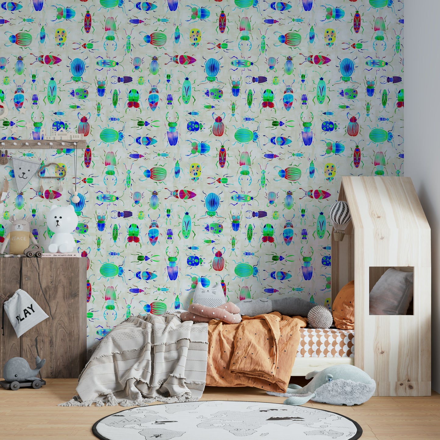 Mural wallpaper with beetles and butterflies in color

