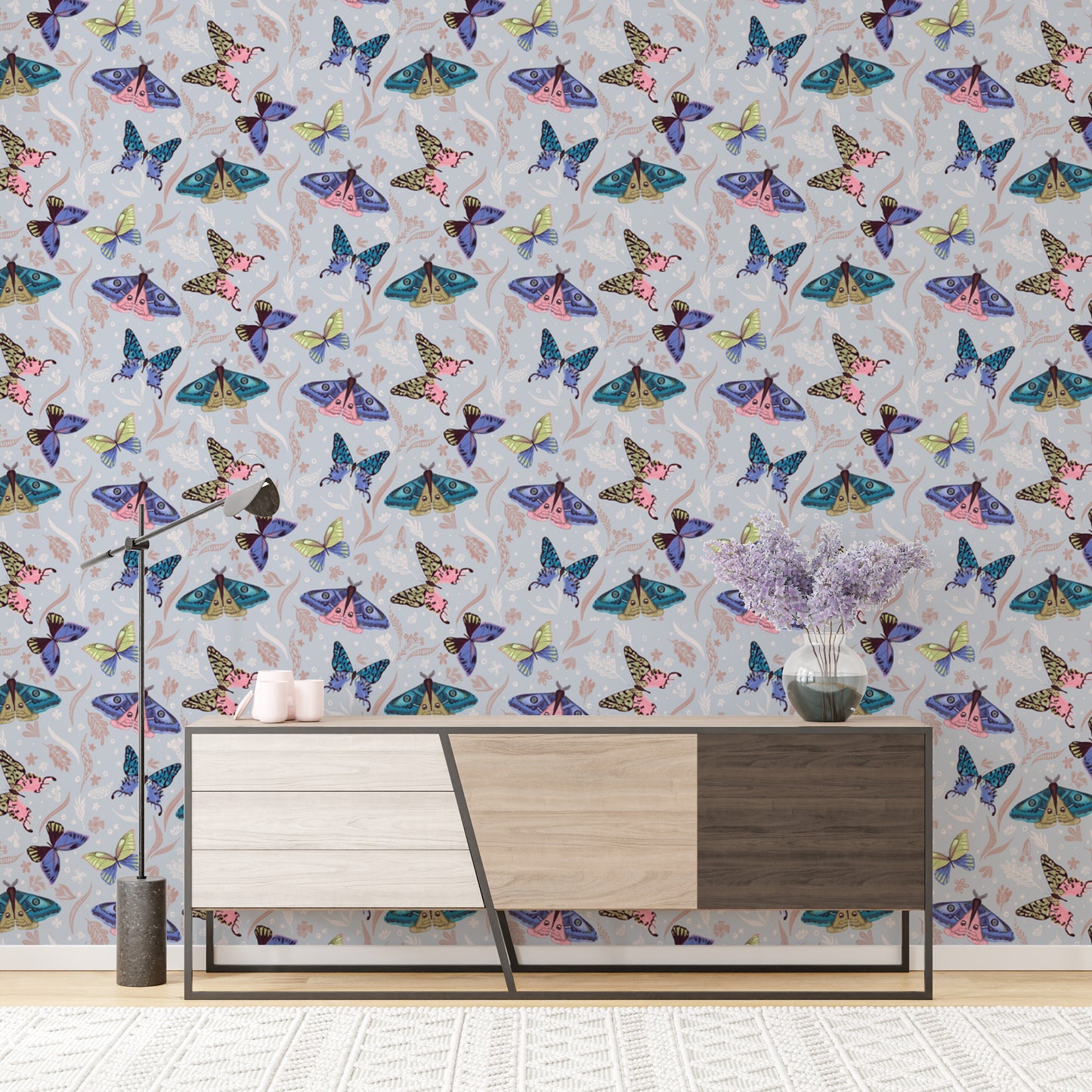 Removable self adhesive butterfly pattern wallpaper mural in a modern room for a welcoming and playful atmosphere.