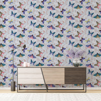 Removable self adhesive butterfly pattern wallpaper mural in a modern room for a welcoming and playful atmosphere.