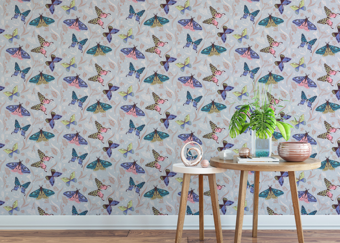 Standard colorful butterfly pattern wallpaper mural in a sunroom for a bright and inspiring, nature-filled space.