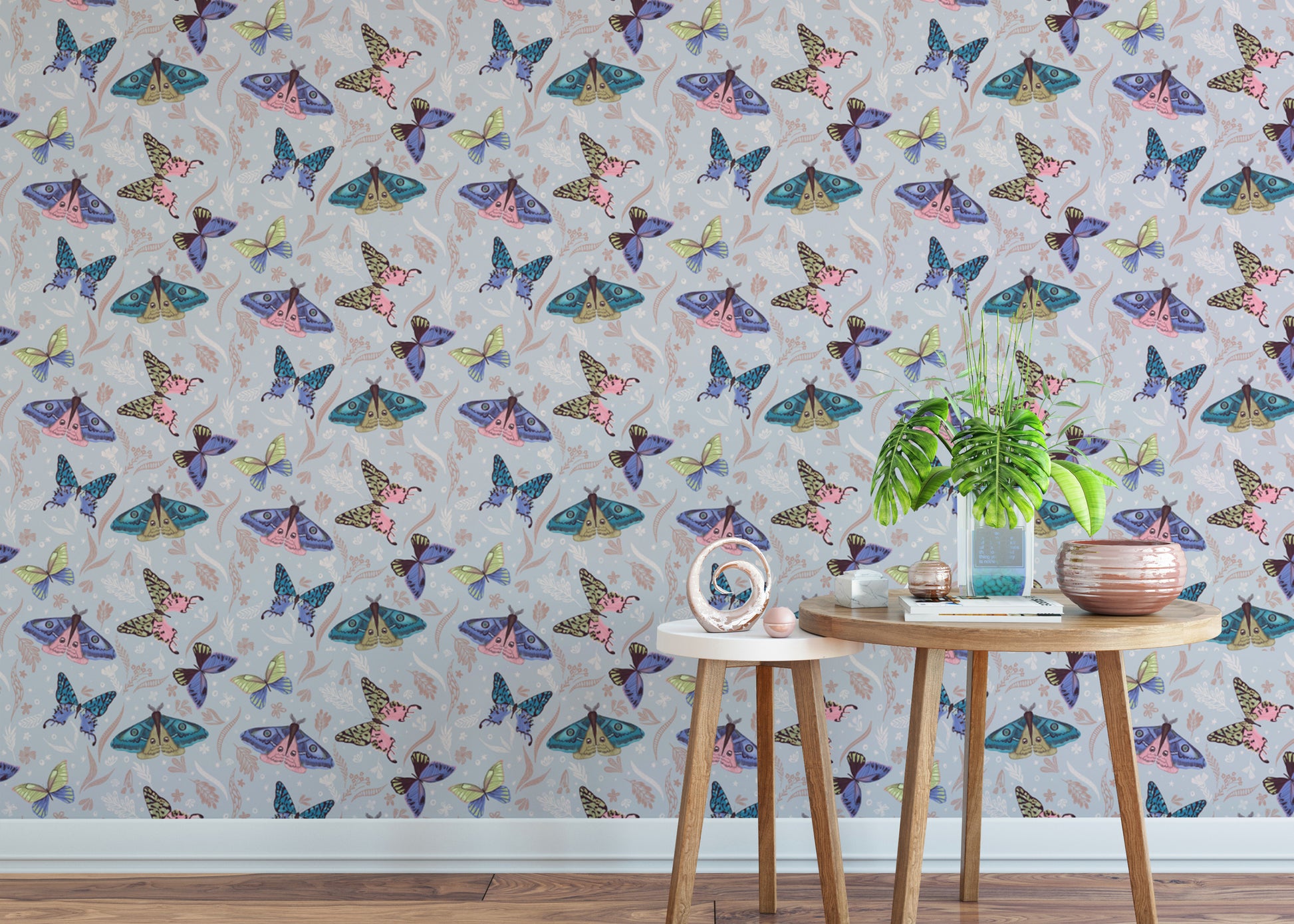 Standard colorful butterfly pattern wallpaper mural in a sunroom for a bright and inspiring, nature-filled space.