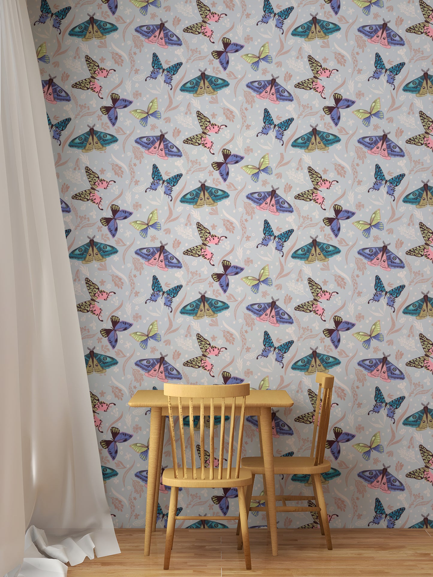 Kids room with a butterfly pattern wallpaper mural on canvas for a durable and artistic nature-themed finish.