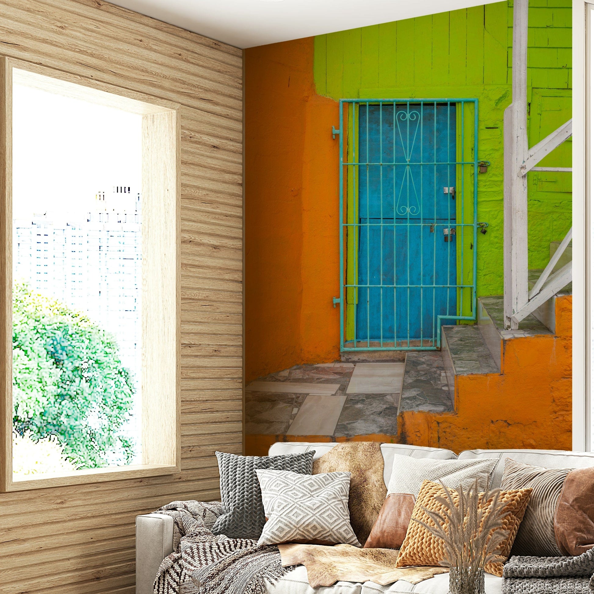 A peaceful urban scene mural on decorative wallpaper.

