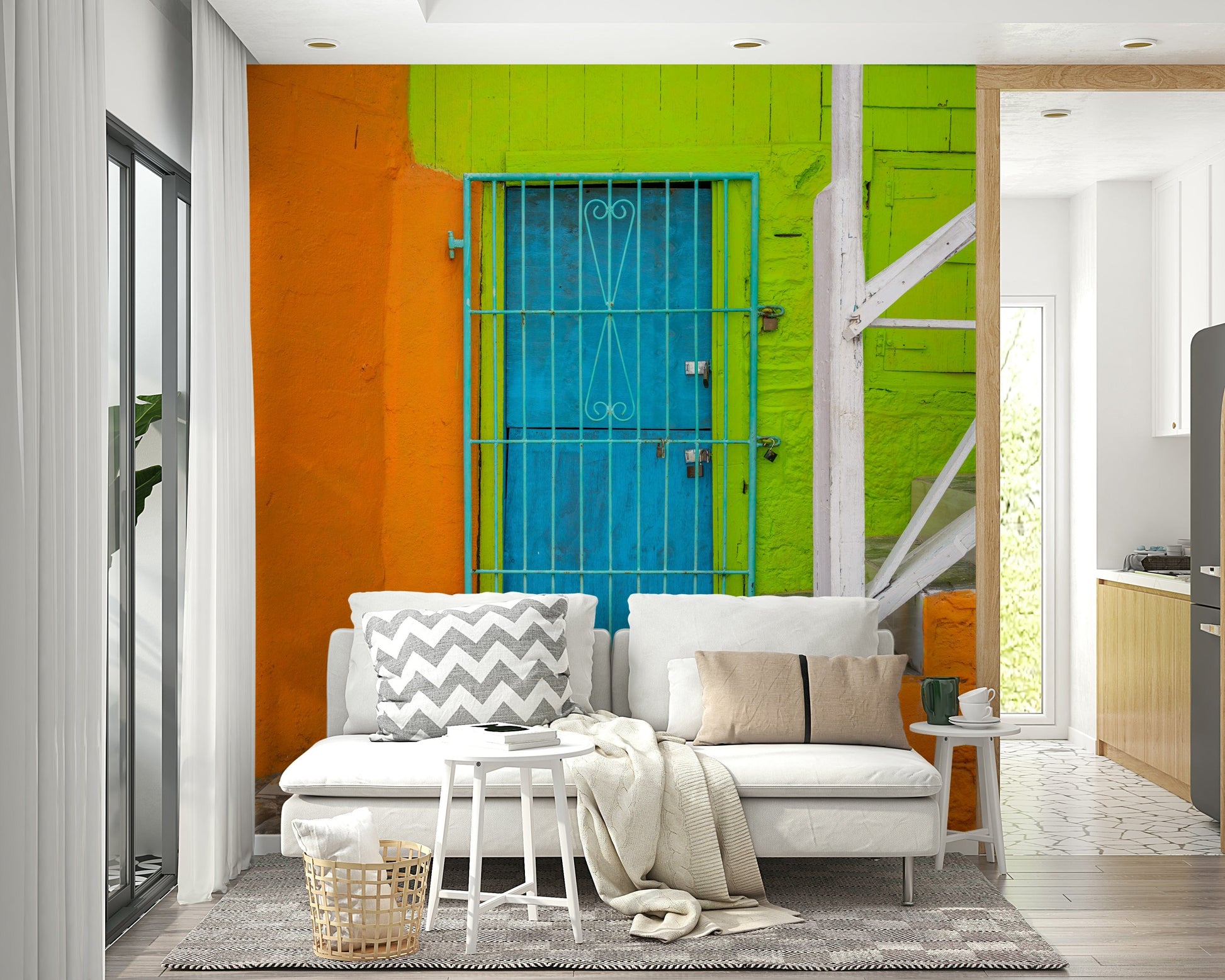 A graceful subtle geometric wall mural in bright, bold tones.

