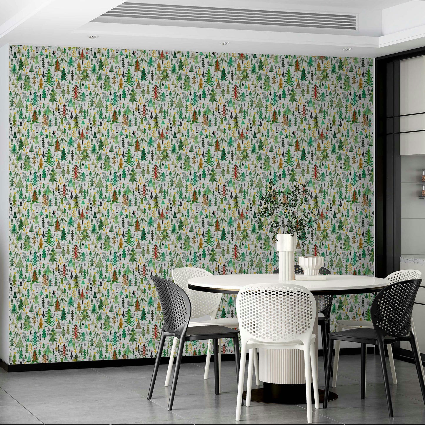 Green wall covering with multicolor holiday trees

