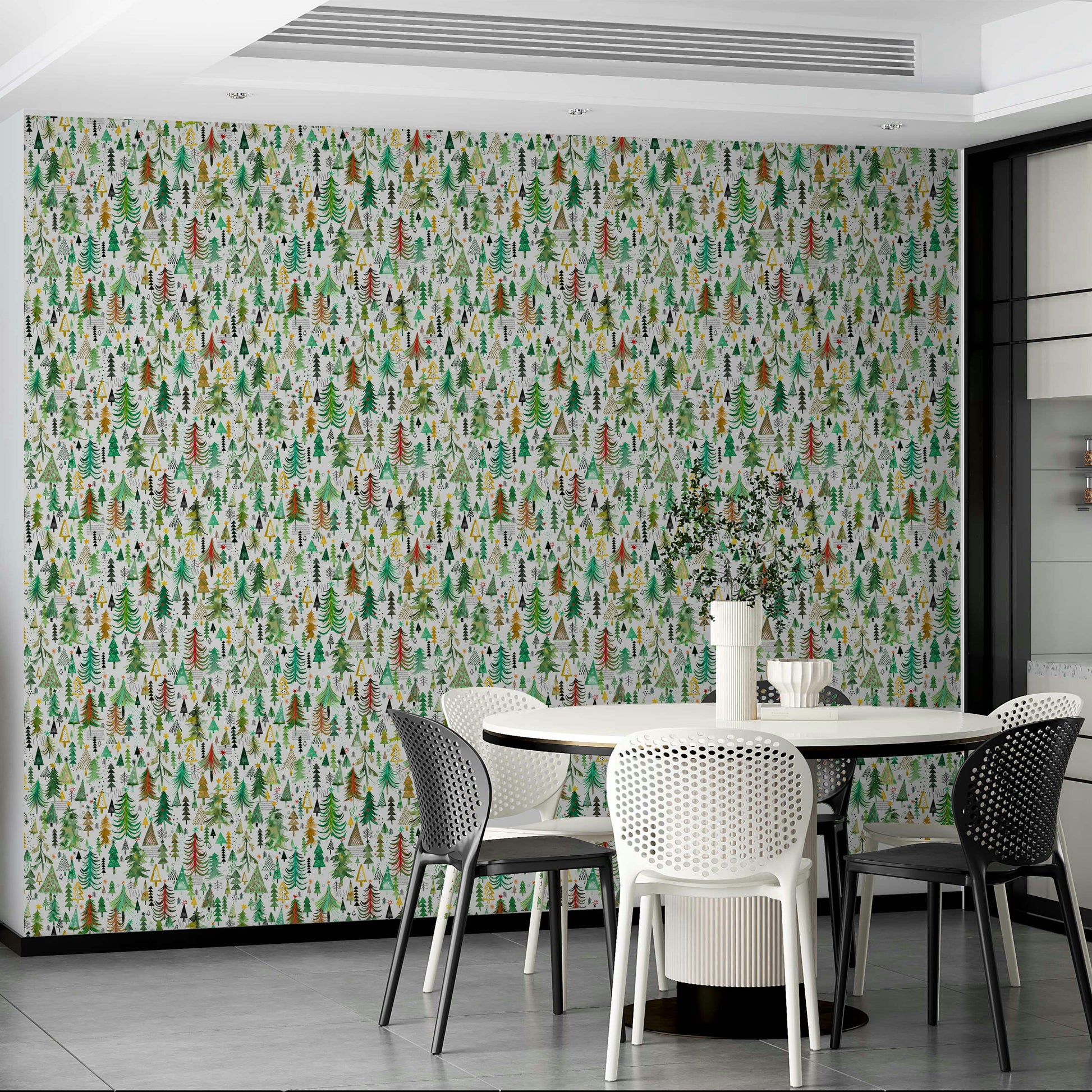 Green wall covering with multicolor holiday trees

