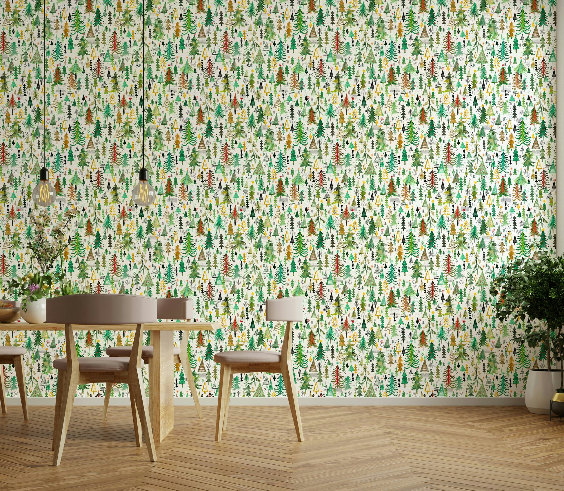 Vibrant Christmas tree pattern on green background

