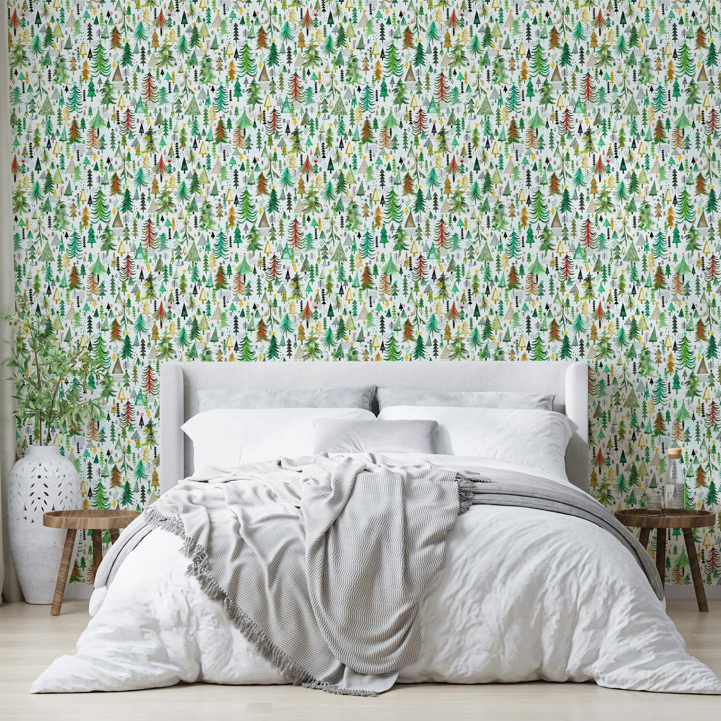 Festive green wallpaper with colorful Christmas trees

