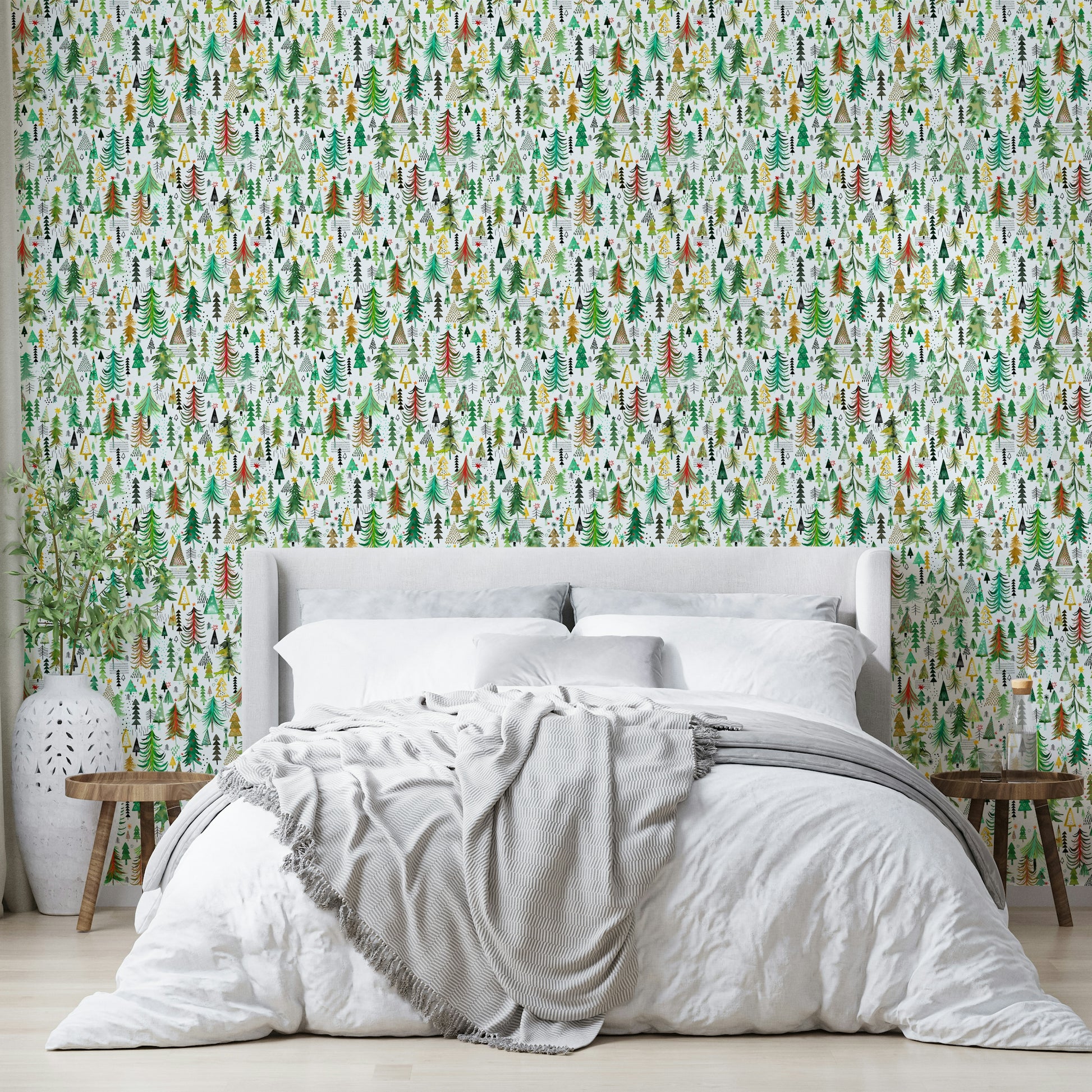 Festive green wallpaper with colorful Christmas trees

