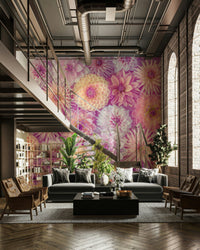 Dense arrangement of various dahlia blooms.

