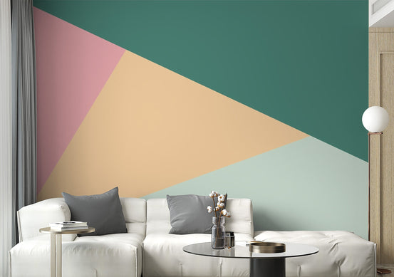 Colorful Geometric Triangle Shaped wallpaper mural shown as a full feature wall that highlights the design