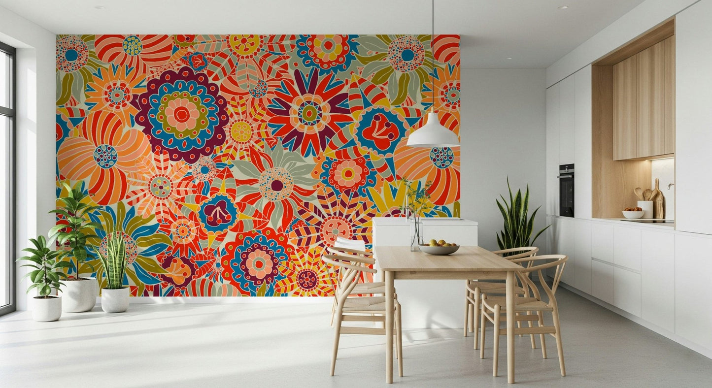 Maximalist floral wallpaper for walls, rich colors, joyful aesthetic.