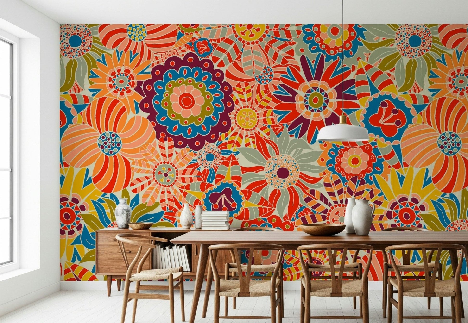 Funky 60s style peel and stick, oversized blossoms, warm tones.