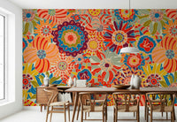 Funky 60s style peel and stick, oversized blossoms, warm tones.