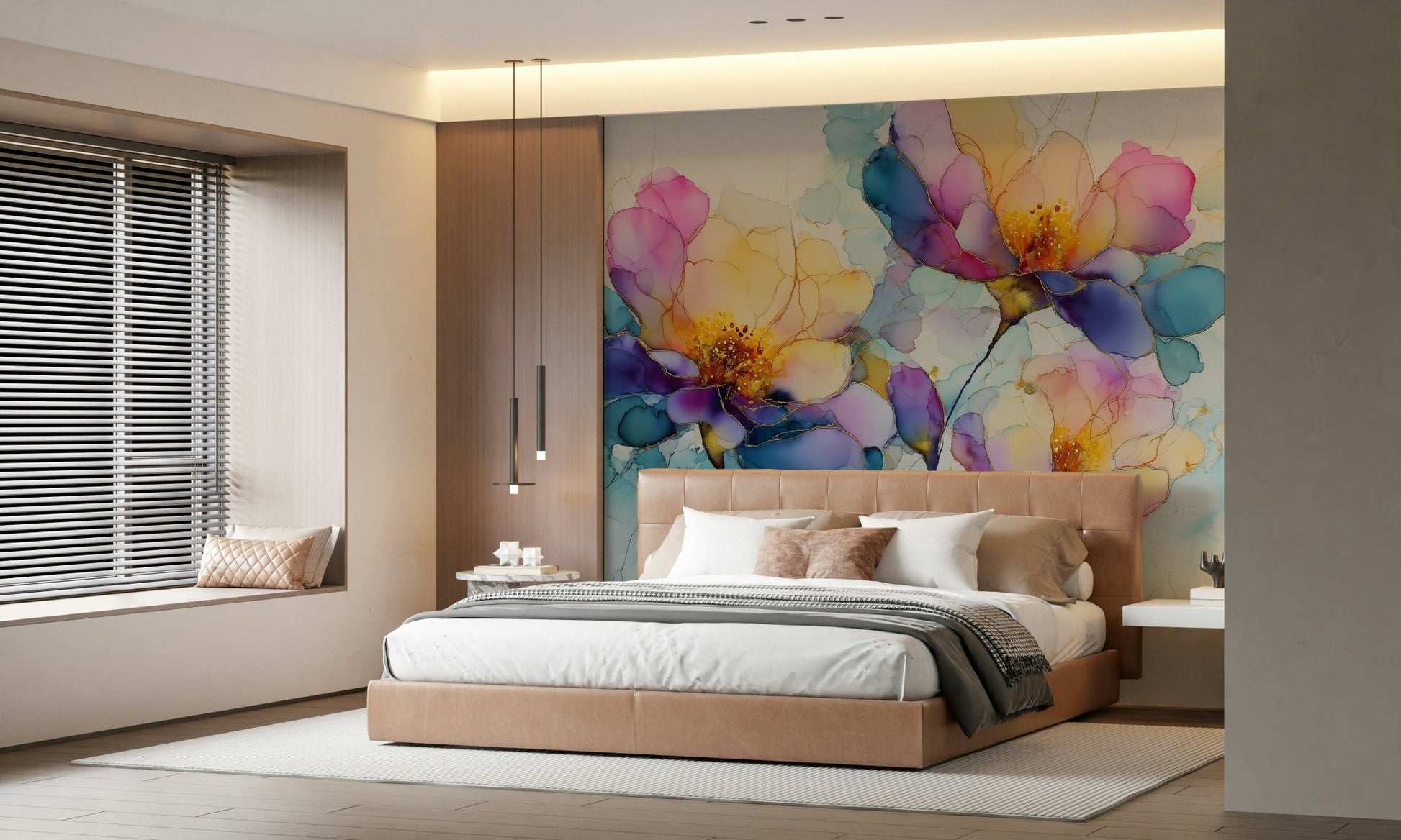 Colorful Ink Floral Dreams gold leaf accent wall mural