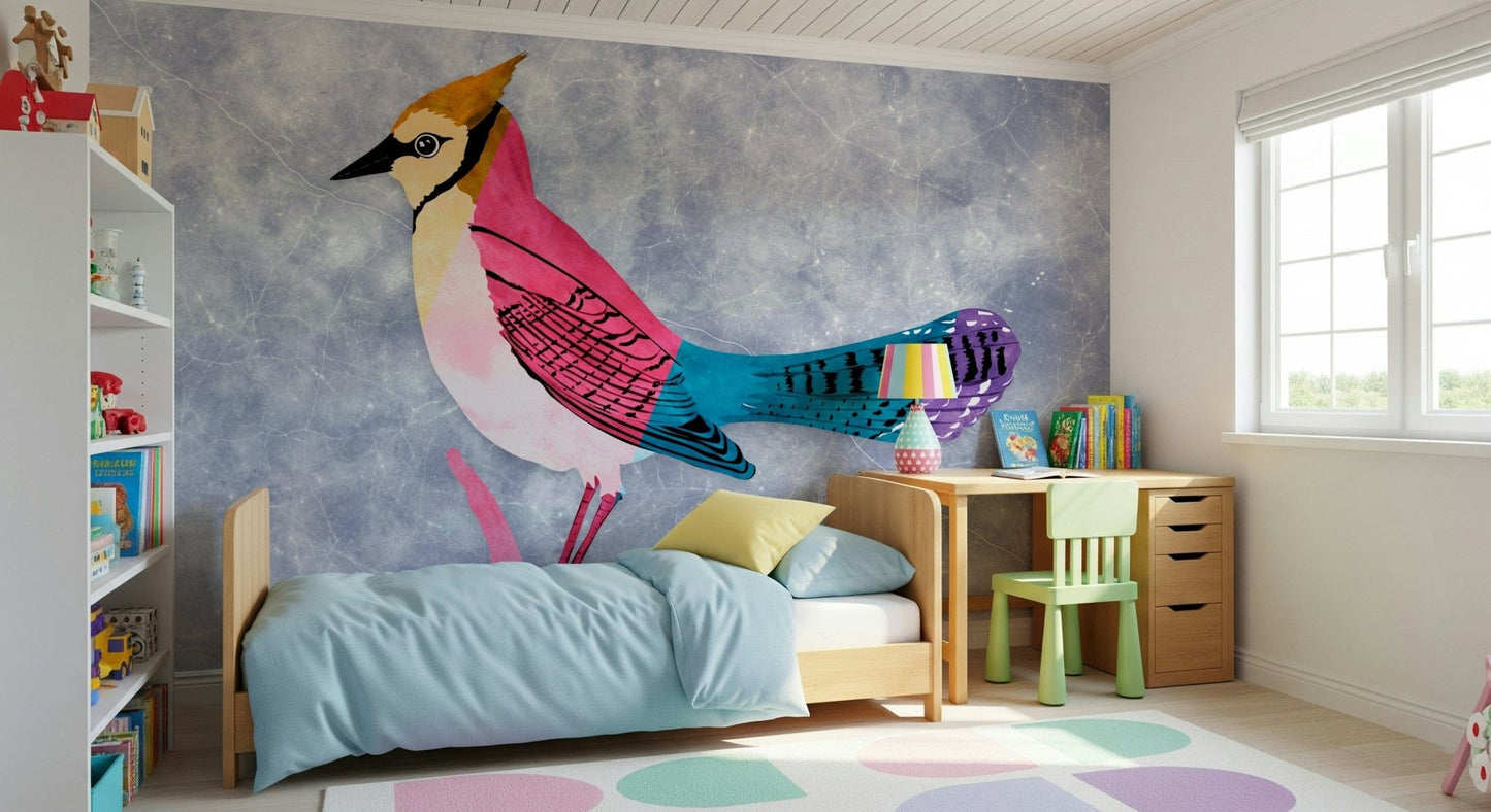 Colorful Jay wall mural of a crested bird on blue behind a wood bed and desk in a kids bedroom