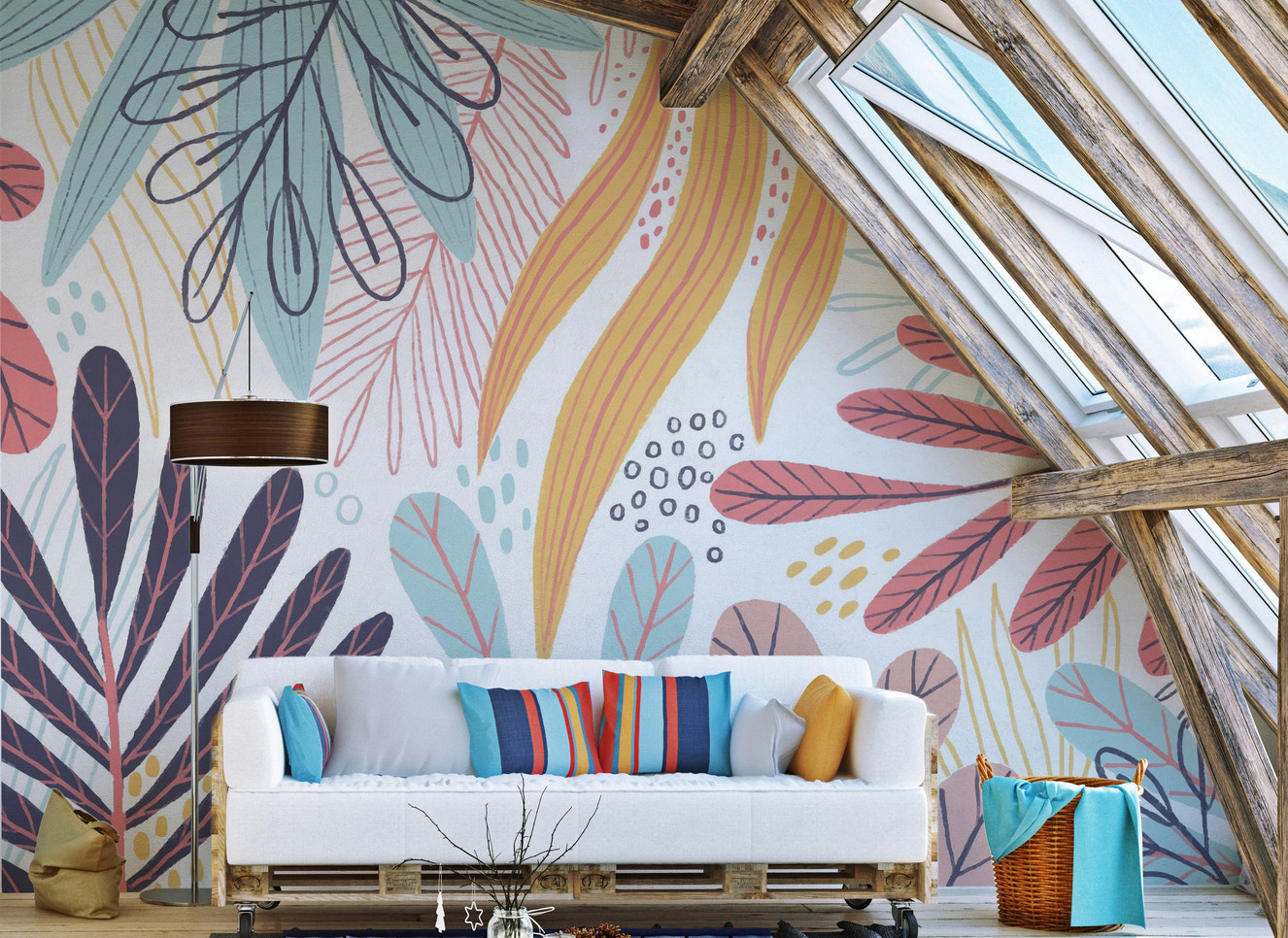 Dynamic colorful leaves wallpaper for a playful wall design.
