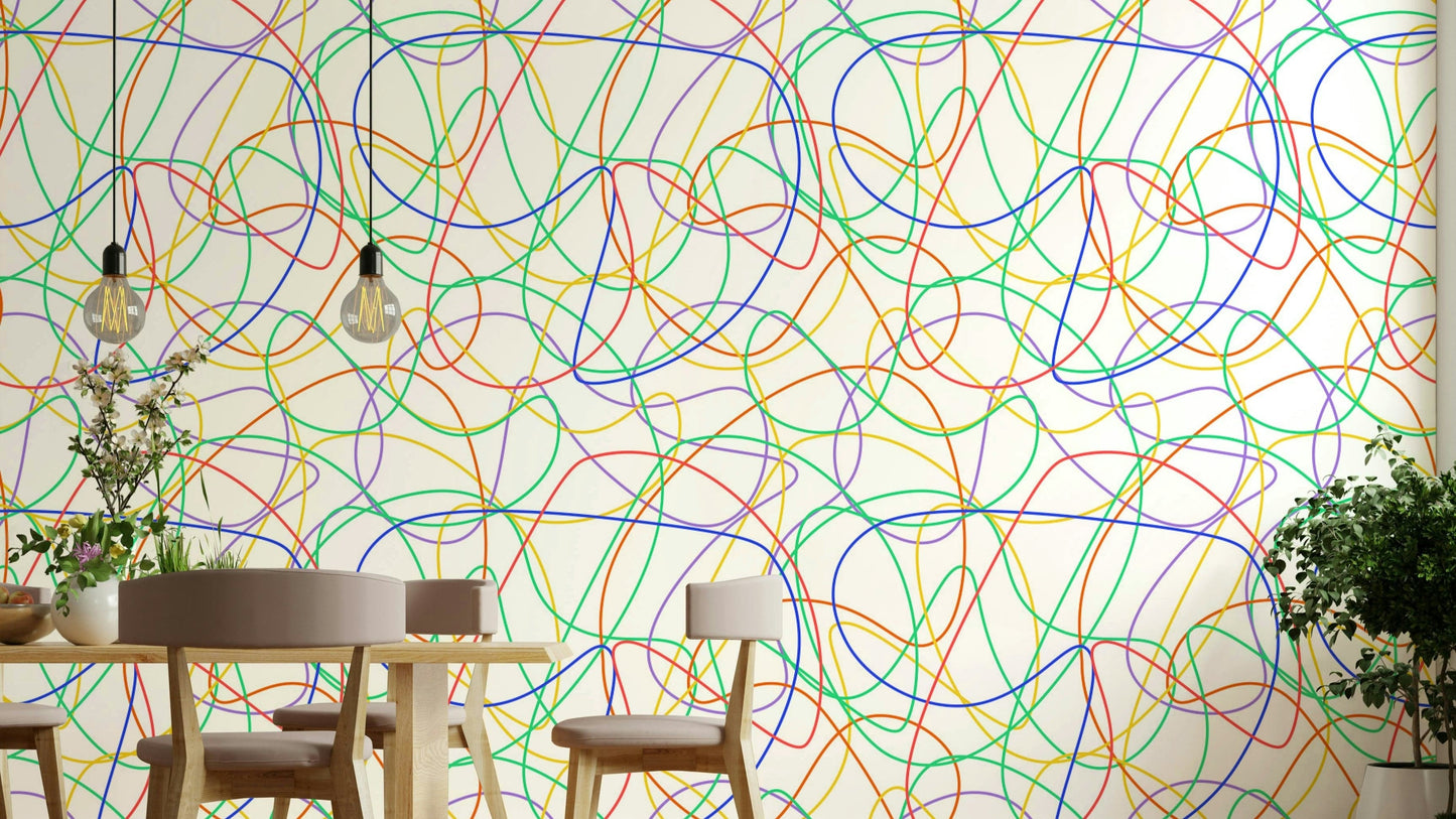 Abstract colorful line print wallpaper on a modern living room feature wall.