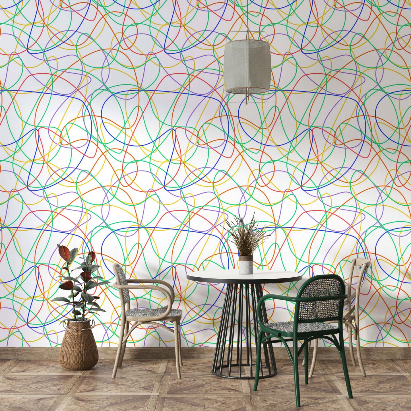 Colorful Line Print Wallpaper backdrop for a contemporary dining area setup.