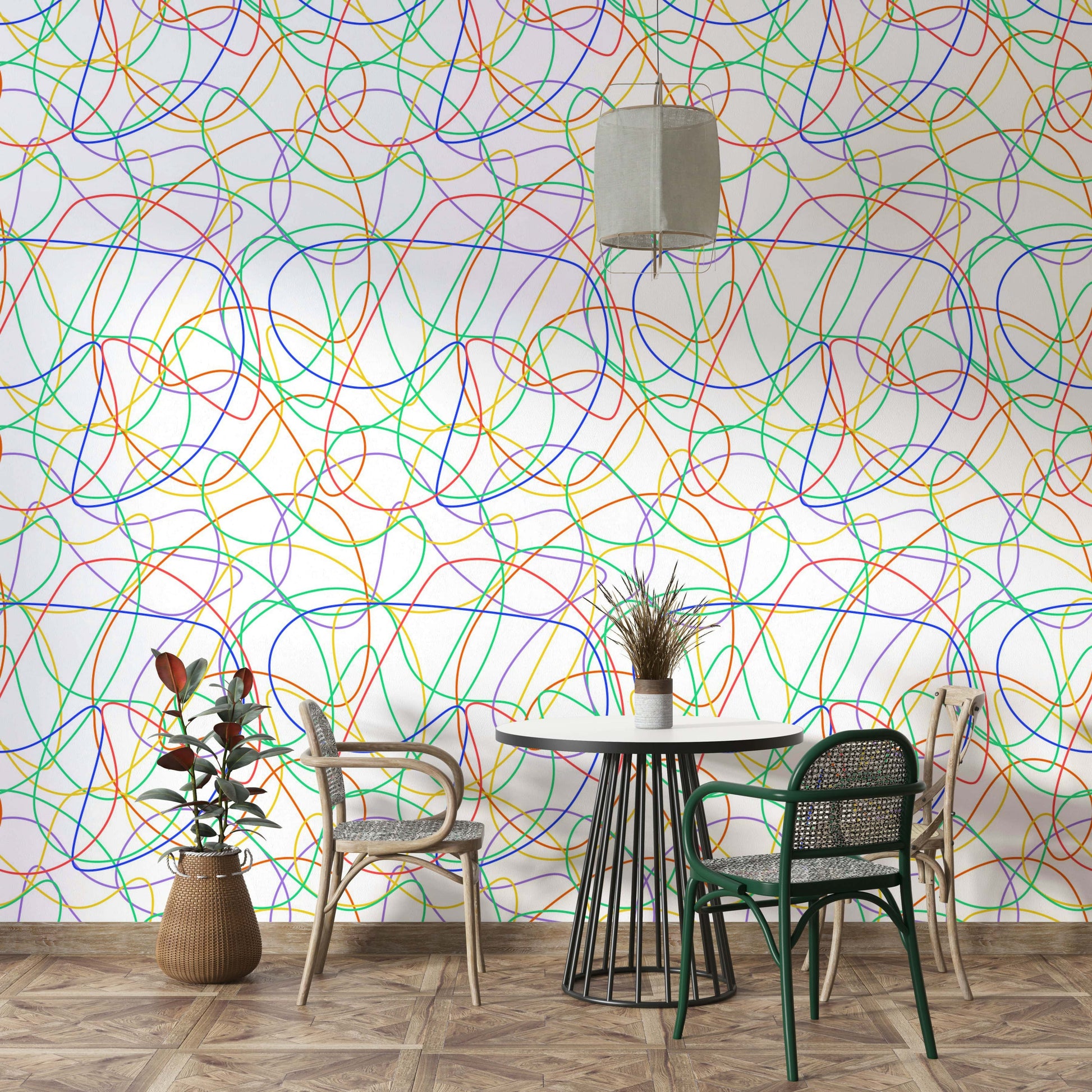 Colorful Line Print Wallpaper backdrop for a contemporary dining area setup.